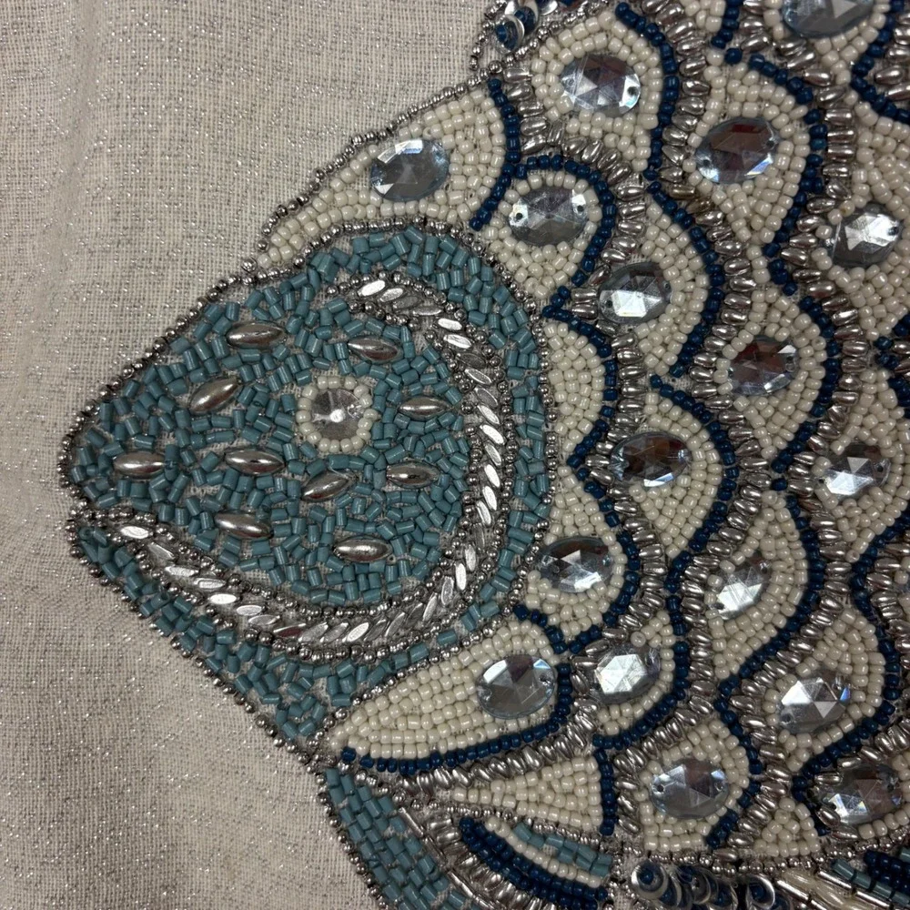 Pier One Beaded Fish Pillow Sham Square 14x14 Blue Cream‎ Sparkly Sequin Beach